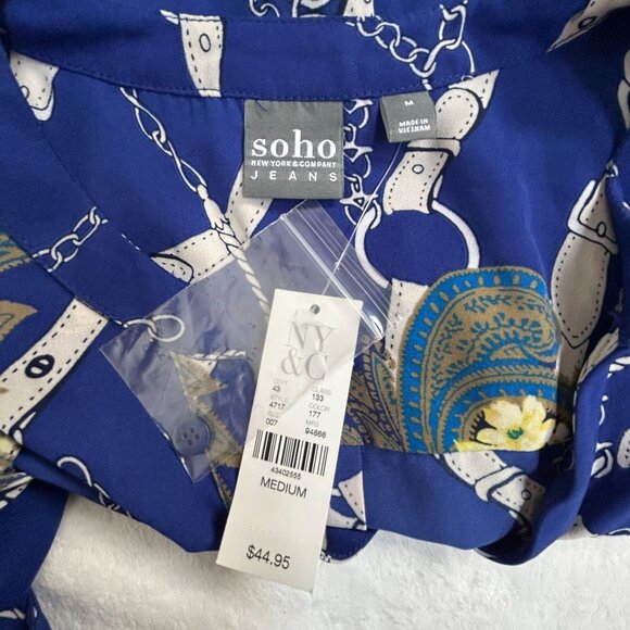 Soho New York & Co. Jeans Womens Blue Chain Print Button-Up Shirt Medium New - Picture 3 of 8